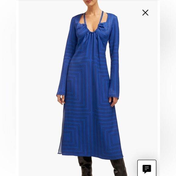 Equipment Vera Surrealist Blue Long Sleeve Deep V Neck Dress| Size 8 - Picture 1 of 12